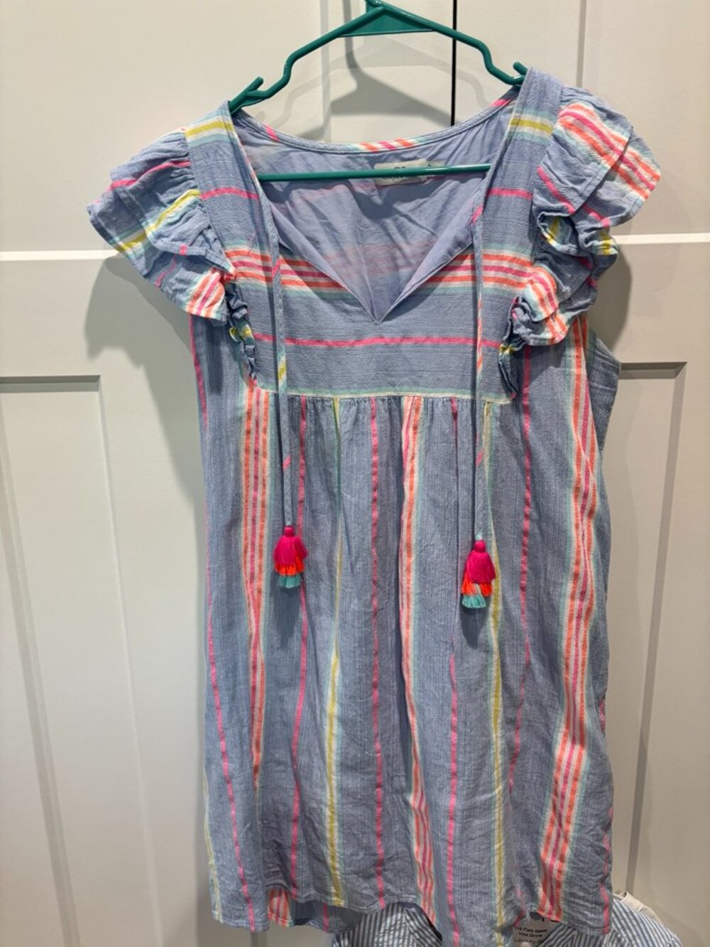 Vineyard Vines Women's Striped Ruffle Sleeve Tassel Dress Blue Multi Size Medium